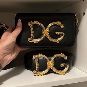 Dolce & Gabbana Black Leather Shoulder Bag with Gold DG Emblem